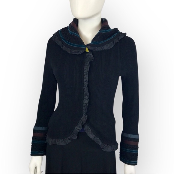 Etro Black & Teal Ruffled Cardigan Soft Angora Lace & Ribbon Detail M/44/8 - Picture 2 of 12